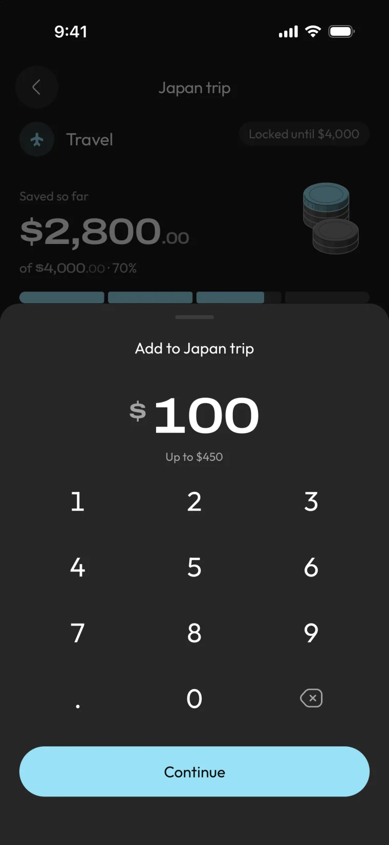 Add $100 to the Japan trip goal using the amount keypad. Illustrative preview only.
