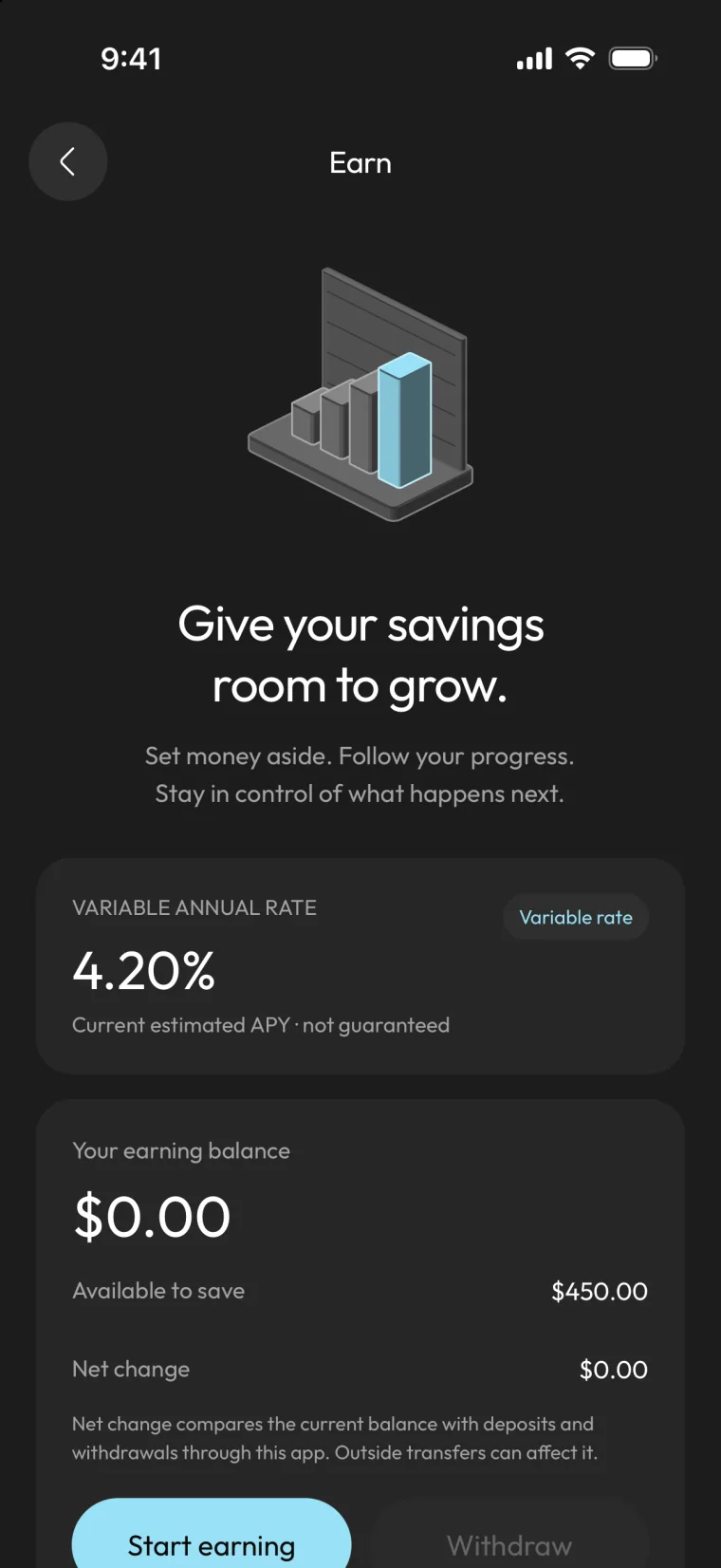 Illustrative Covault Earn screen: a variable annual rate marked not yet available, with a note that earning isn't available yet.