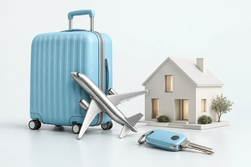 A blue suitcase with a chrome airplane, a model home and a car key, representing different savings goals