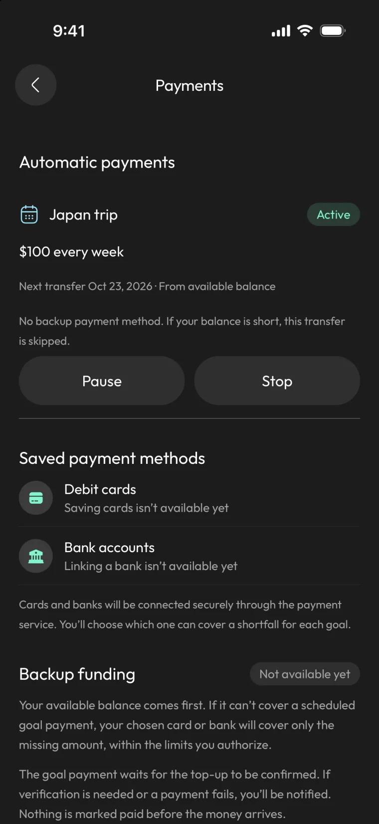 Illustrative Covault Payments screen: a $100 weekly Japan trip schedule, a saved Visa card, and a checking account.