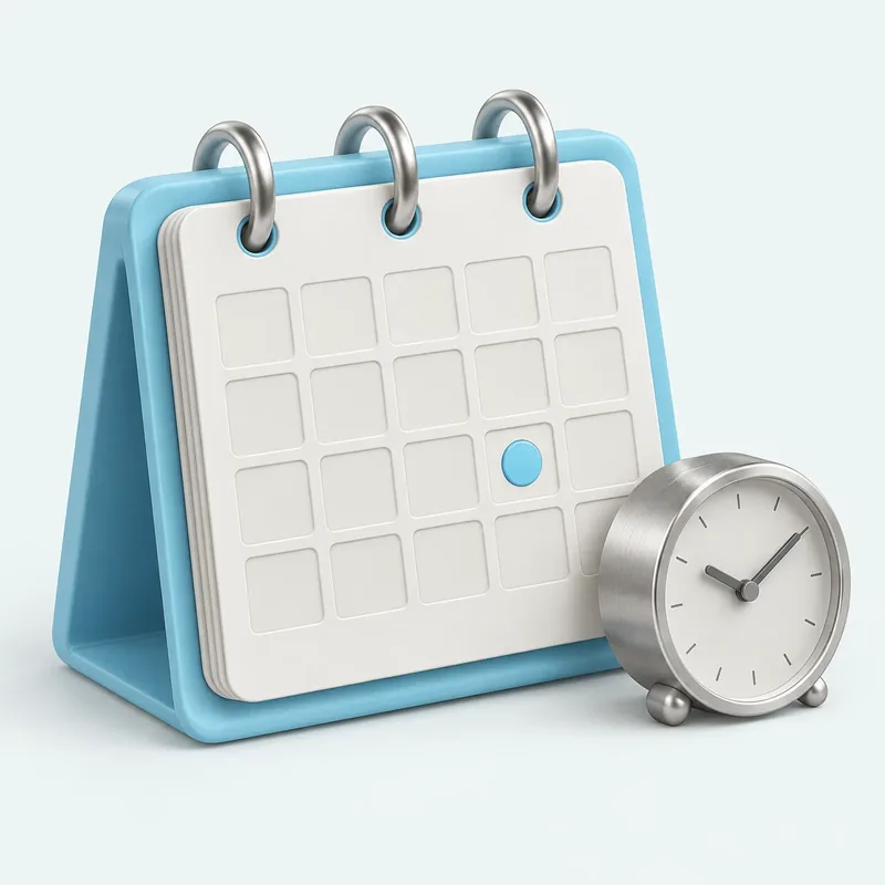 A sculptural blue calendar and silver clock representing savings dates and waiting periods